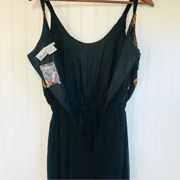 VINTAGE 80s Glam Beaded Sequin Silk Wide Leg Jumpsuit Bolero Jacket Black Size 6